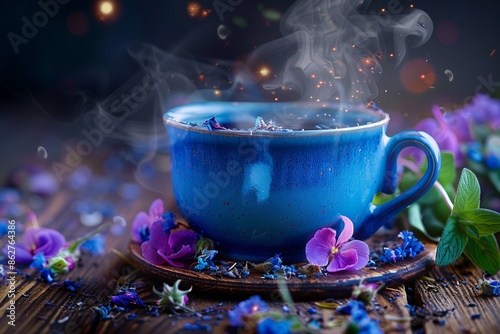 A close-up shot of a steaming cup of blue butterfly pea flower tea on a wooden table, with a sprinkle of dried flowers around.  photo