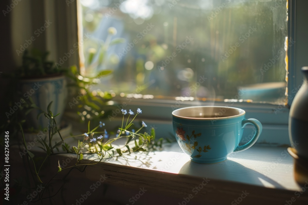 A serene morning scene with a cup of blue tea on a windowsill, with soft sunlight streaming through the window. A serene morning scene with a cup of blue tea on a windowsill, with soft sunlight streaming through the window.