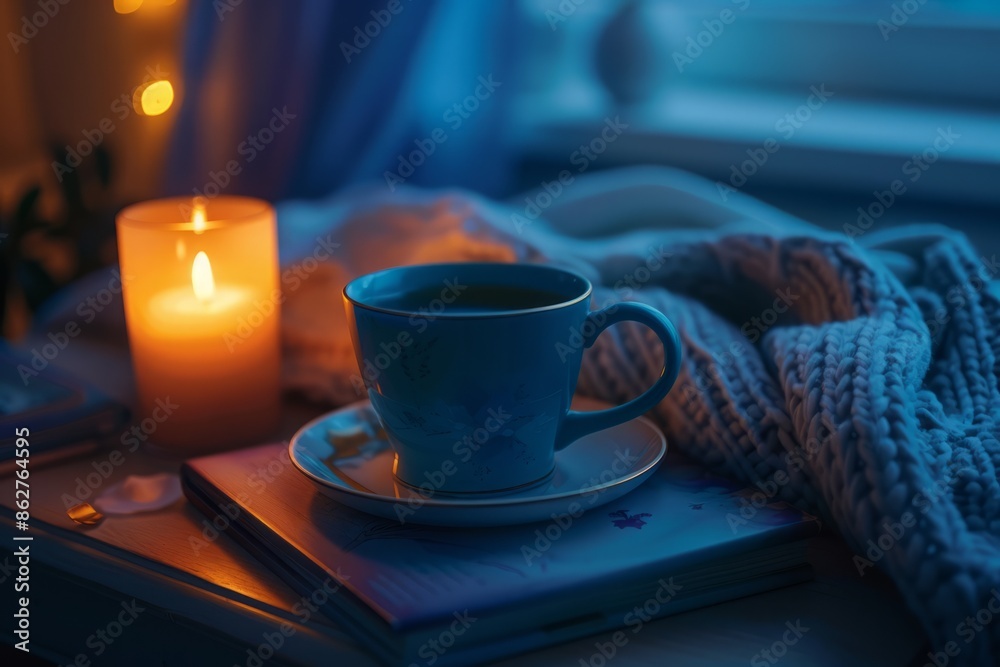 A relaxing evening scene with a cup of blue tea on a bedside table, next to a glowing candle and a book. A relaxing evening scene with a cup of blue tea on a bedside table, next to a glowing candle and a book.
