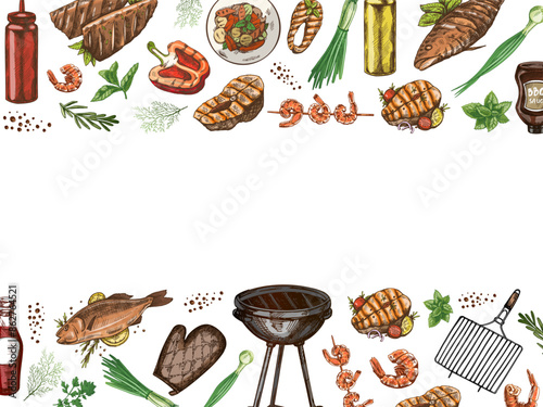 A set of hand-drawn sketches of barbecue and picnic elements, barbecue grill, tools, grilled fish, fish steaks. Template. Doodle vintage illustration.