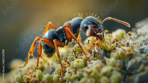 A close-up of an ant carrying a seed, illustrating its role in seed dispersal and plant growth © Plaifah
