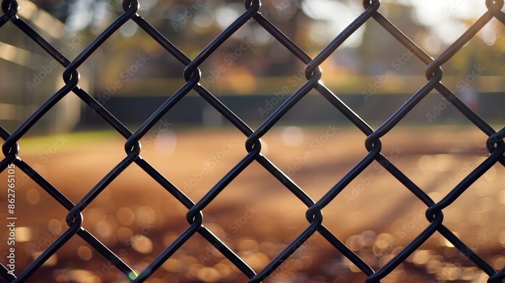 Chain link fence with baseball field in background, grass and trees around Chain link fence with baseball field in background, grass and trees around