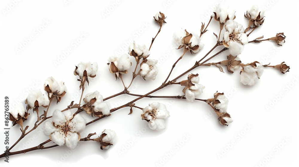 Beautiful dried cotton branch with fluffy flowers isolated on white Beautiful dried cotton branch with fluffy flowers isolated on white