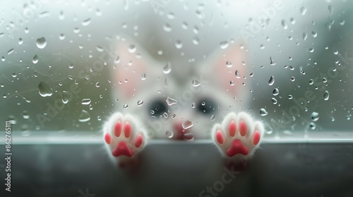 Cat Paw Prints on Glass with Rain Drops photo