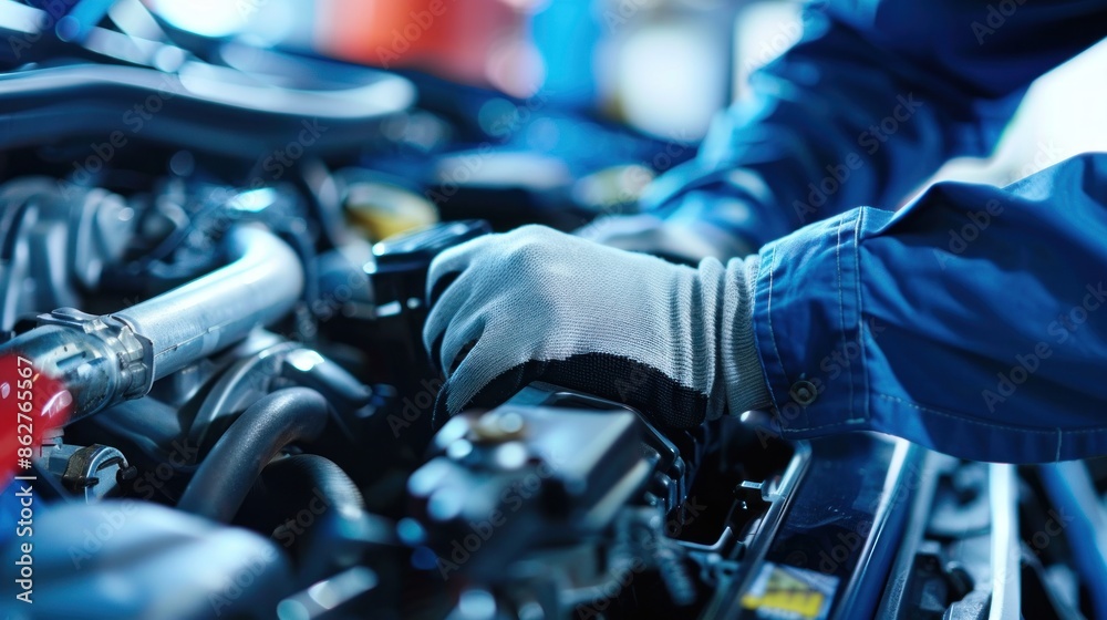 A mechanic using specialized equipment to repair a car, against a blank background perfect for adding custom messages or logos A mechanic using specialized equipment to repair a car, against a blank background perfect for adding custom messages or logos