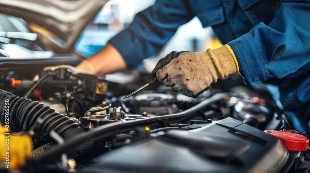 A mechanic providing maintenance and repair services for a car, with a clear background ideal for adding customized messages or branding , A mechanic providing maintenance and repair services for a car, with a clear background ideal for adding customized messages or branding ,