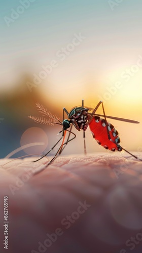 Close-up of a mosquito sucking blood on human skin during sunset. High-resolution image capturing details and textures. photo