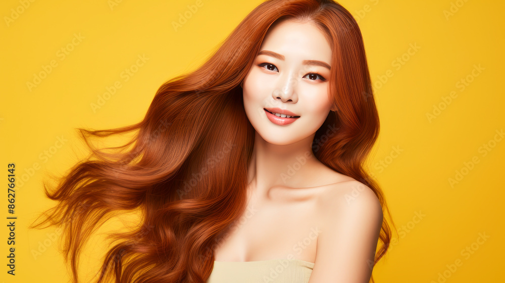 Portrait of a beautiful, sexy, smiling, happy Asian woman with long red hair and perfect skin, yellow background, banner. Portrait of a beautiful, sexy, smiling, happy Asian woman with long red hair and perfect skin, yellow background, banner.