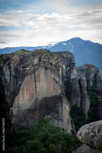 Stunning landscape of Meteor rocks during sunset. Kalambaka. UNESCO World Heritage Site. photo