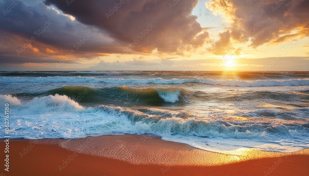 sea waves with sunset in sky with heavy clouds sea waves with sunset in sky with heavy clouds