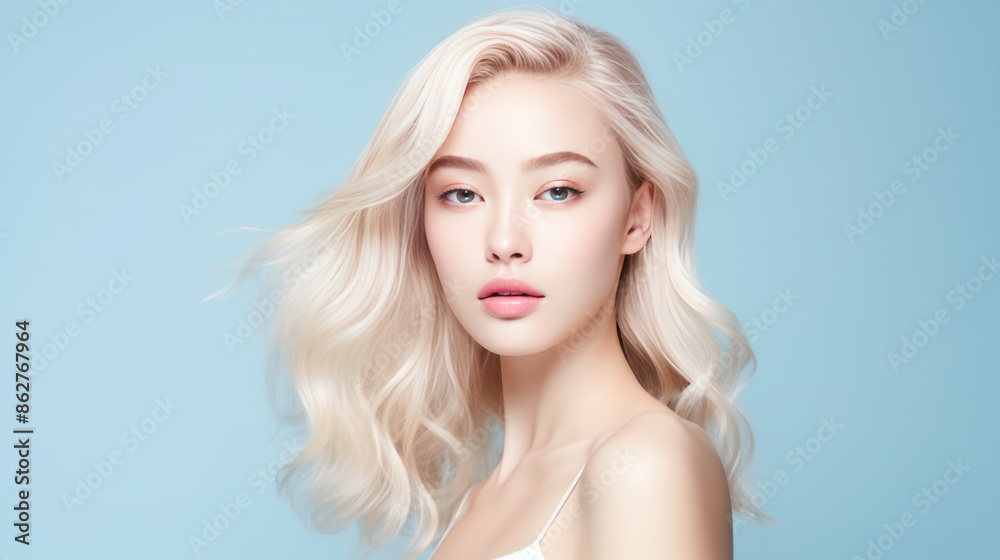 Portrait of a beautiful, sexy, smiling, happy blonde Asian woman with perfect skin, light blue background, banner. Portrait of a beautiful, sexy, smiling, happy blonde Asian woman with perfect skin, light blue background, banner.