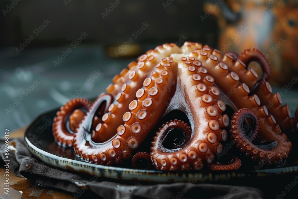 Obraz premium A plate of delicious octopus tentacles, against a dark background 