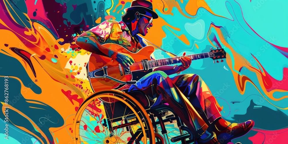 Fototapeta premium Colorful Guitarist in Wheelchair Art