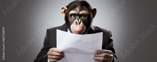 A Chimpanzee Dressed in a Suit Reviews a Document photo