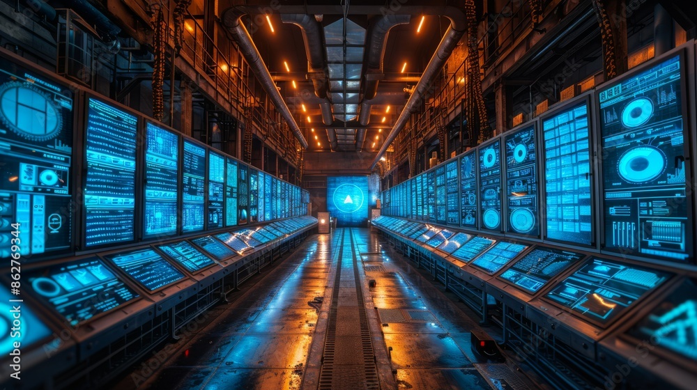 Modern Factory Room with Multiple Data Screens and Blue Lighting