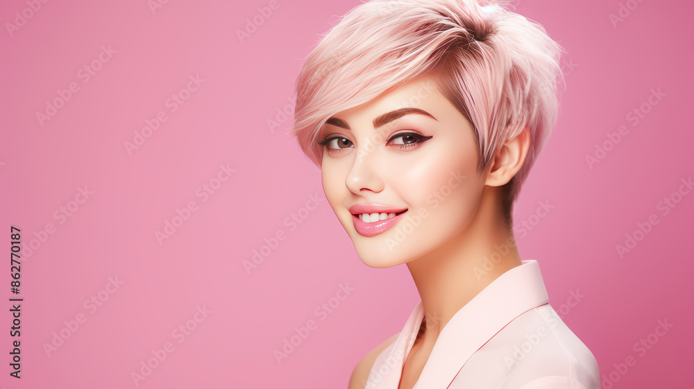 Portrait of a beautiful, sexy, smiling, happy Asian blonde woman with short haircut and perfect skin, pink background, banner. Portrait of a beautiful, sexy, smiling, happy Asian blonde woman with short haircut and perfect skin, pink background, banner.