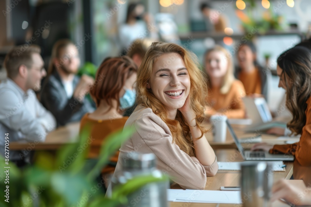 Obraz premium Confident businesswoman with a professional posture, smiling warmly as she sits on a modern office chair, ready to collaborate with her team.