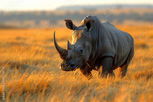 A Northern white rhinoceros grazing in a grassy savannah, its massive, grey body and prominent horn highlighted against the golden landscape. © Nico