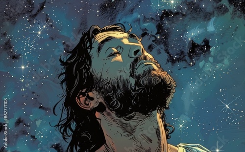 Man Praying Under a Starry Night Sky