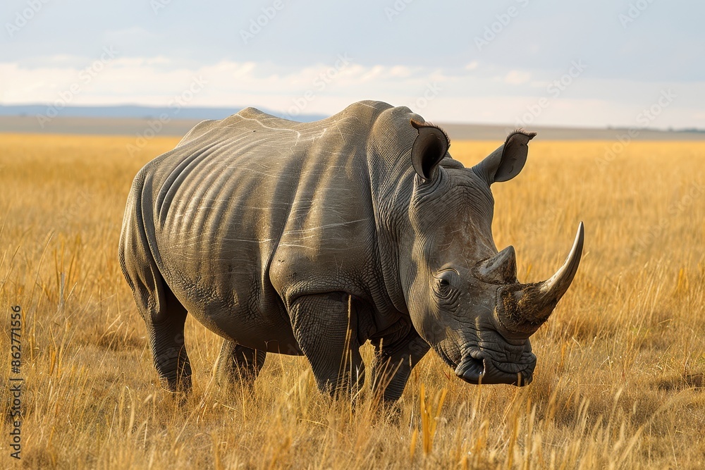 Fototapeta premium A Northern white rhinoceros grazing in a grassy savannah, its massive, grey body and prominent horn highlighted against the golden landscape.