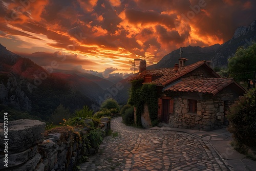 a house in the mountains with cobbled streets and a beautiful orange sky