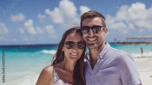 A happy couple stands together on a lovely beach. They are both wearing sunglasses and smiling at the camera.