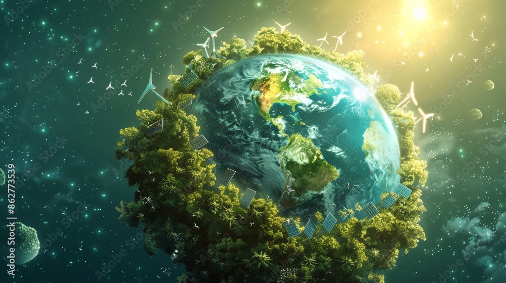 Fototapeta premium Sustainable Earth with Renewable Energy in Cosmic Setting