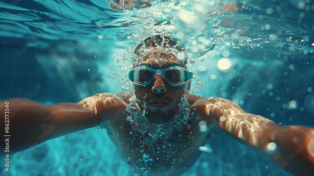 Naklejka premium A man wearing swimming goggles moves through the water, showing strong movements and a focus on technique. His smooth movements and concentration create a harmonious scene of physical activity.
