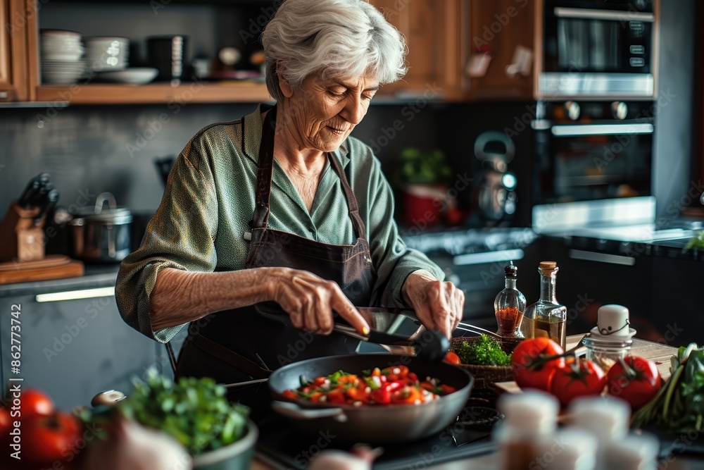 A senior woman is actively engaged in vibrant cooking within a modern kitchen, preparing a healthy meal with fresh vegetables, herbs, and spices, illustrating a passion for culinary arts. A senior woman is actively engaged in vibrant cooking within a modern kitchen, preparing a healthy meal with fresh vegetables, herbs, and spices, illustrating a passion for culinary arts.