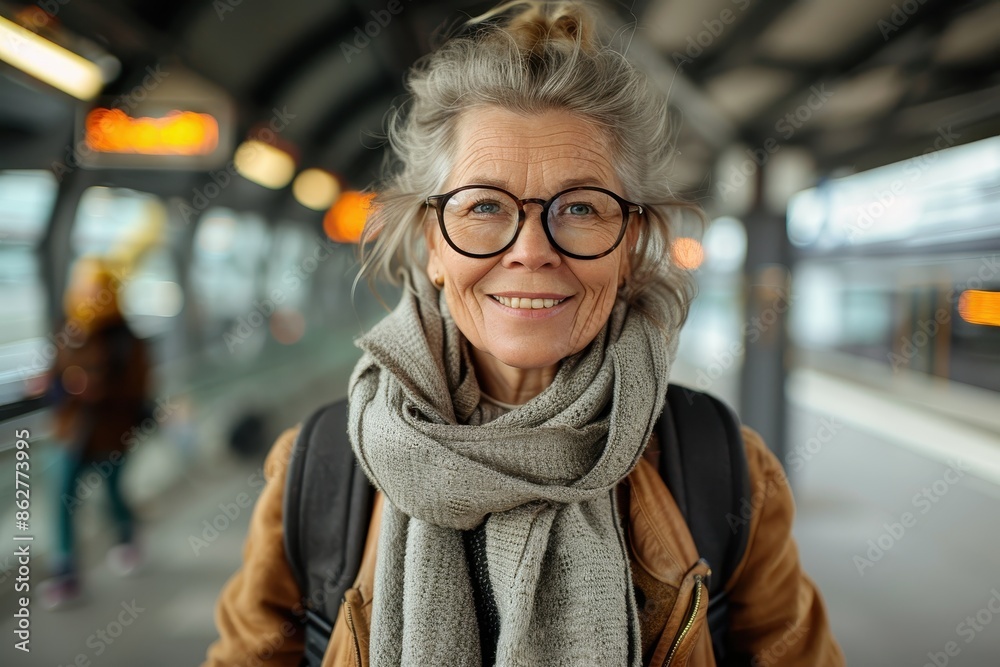 A smiling elderly woman with glasses and a scarf around her neck stands at a train station, happily prepared for her journey, radiating warmth and anticipation. A smiling elderly woman with glasses and a scarf around her neck stands at a train station, happily prepared for her journey, radiating warmth and anticipation.