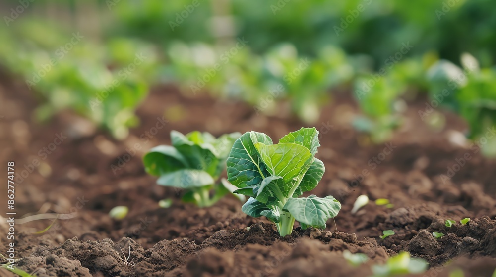 Close-up image of young cabbage plants growing in a neat row in fertile soil on a farm, showcasing early agricultural stages. Close-up image of young cabbage plants growing in a neat row in fertile soil on a farm, showcasing early agricultural stages.