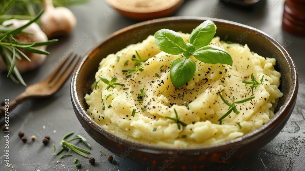 A bowl of mashed potatoes with a green leaf on top A bowl of mashed potatoes with a green leaf on top