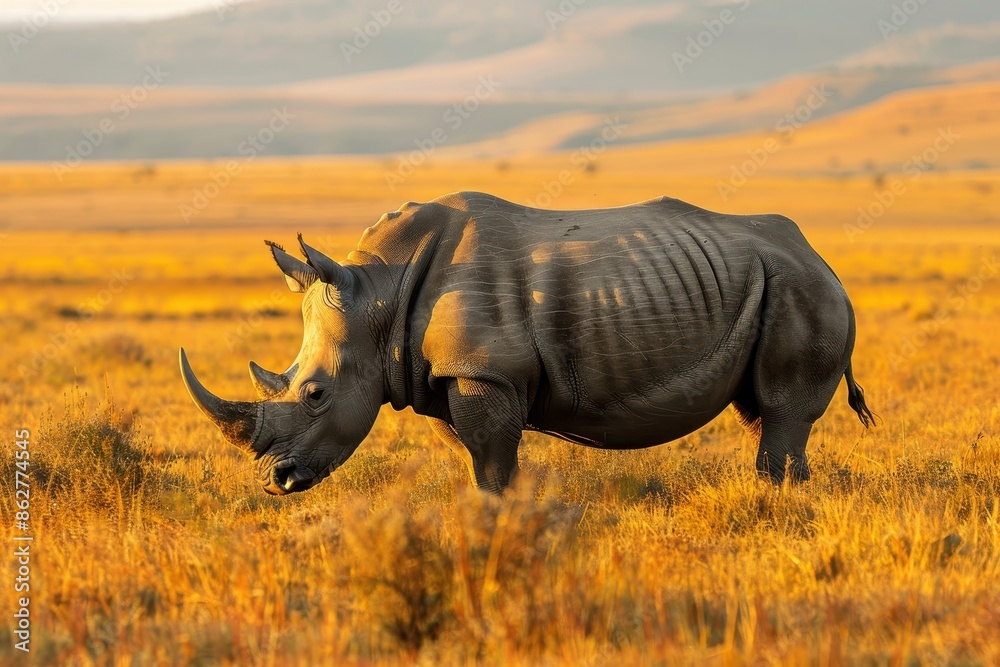 Fototapeta premium A Northern white rhinoceros grazing in a grassy savannah, its massive, grey body and prominent horn highlighted against the golden landscape.