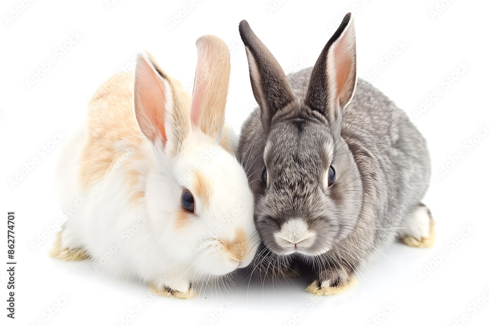 Obraz premium Two rabbits are standing next to each other, one is white and the other is gray