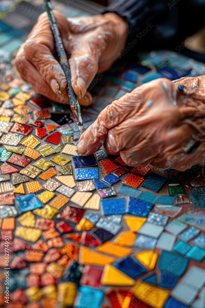 A person is painting a mosaic with a brush A person is painting a mosaic with a brush