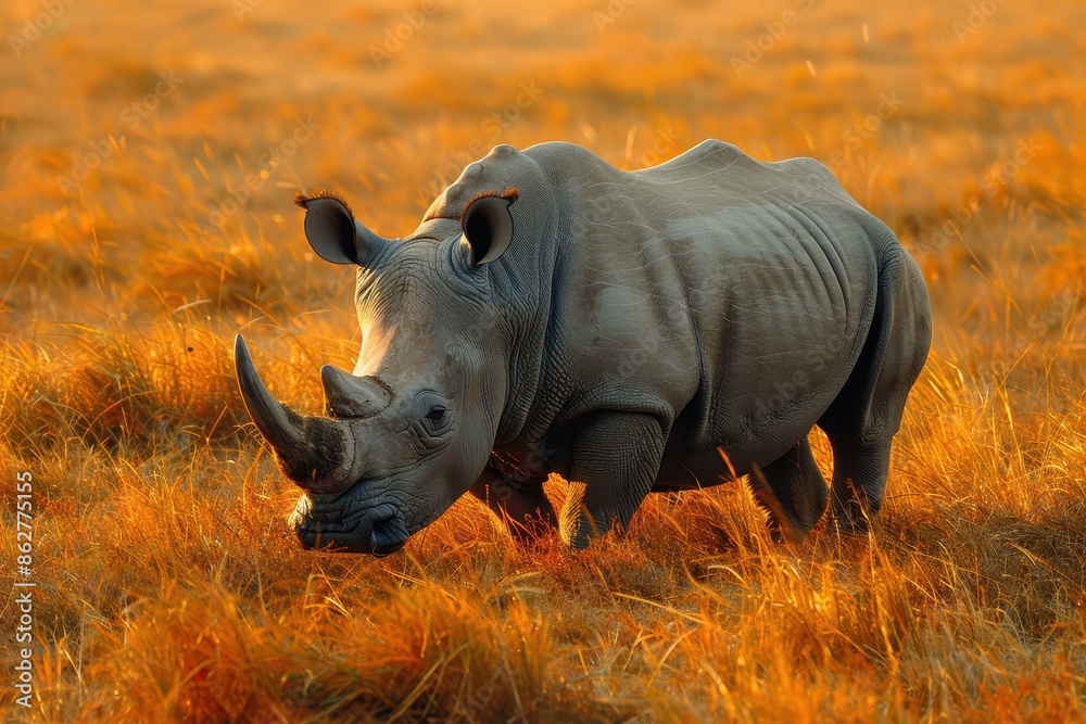 Obraz premium A Northern white rhinoceros grazing in a grassy savannah, its massive, grey body and prominent horn highlighted against the golden landscape.