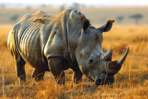 A Northern white rhinoceros grazing in a grassy savannah, its massive, grey body and prominent horn highlighted against the golden landscape.