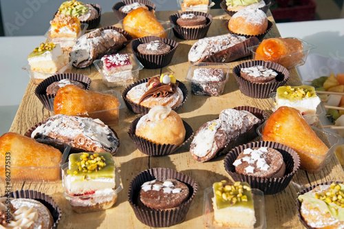 Buffet with some Italian pastries  (horizontal) - Italian pastry display.
