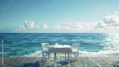 Scenic view of table and chairs overlooking the beautiful ocean. Perfect spot for relaxation and soaking up the sea breeze. photo