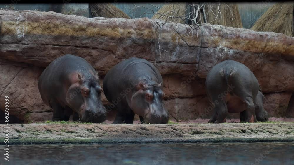 Beautiful large hippos eating grass at the zoo. Large mammalian animals. Animal nutrition. High quality 4k footage Beautiful large hippos eating grass at the zoo. Large mammalian animals. Animal nutrition. High quality 4k footage
