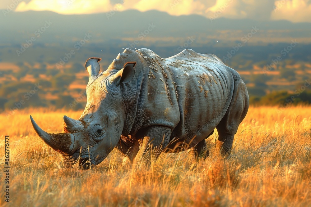 Fototapeta premium A Northern white rhinoceros grazing in a grassy savannah, its massive, grey body and prominent horn highlighted against the golden landscape.