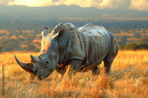 A Northern white rhinoceros grazing in a grassy savannah, its massive, grey body and prominent horn highlighted against the golden landscape. photo