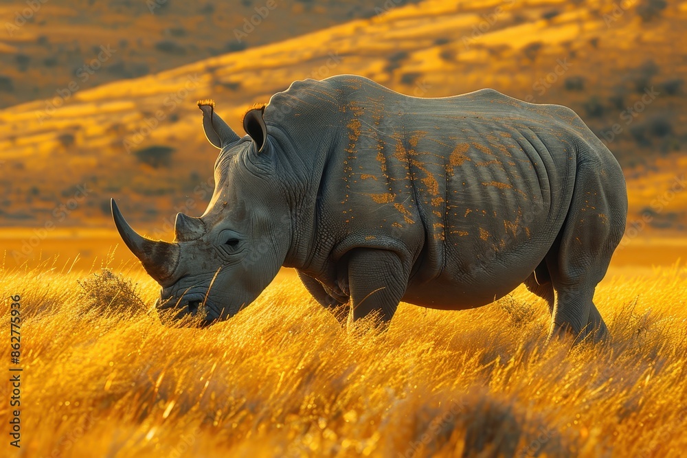 Fototapeta premium A Northern white rhinoceros grazing in a grassy savannah, its massive, grey body and prominent horn highlighted against the golden landscape.