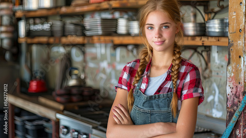 A young woman stands in a kitchen with her arms crossed, wearing a plaid shirt