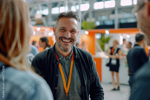 A smiling businessman engages in friendly banter with software developers and tech industry leaders at a digital innovation conference, exuding fostering genuine connections.