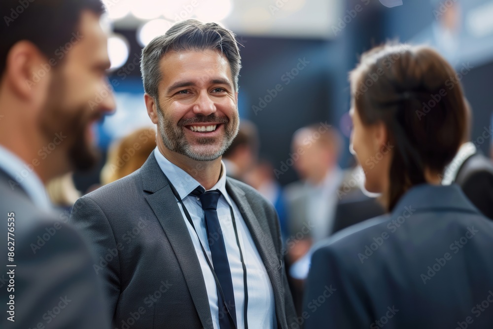 A smiling businessman engages in friendly banter with software developers and tech industry leaders at a digital innovation conference, exuding fostering genuine connections. A smiling businessman engages in friendly banter with software developers and tech industry leaders at a digital innovation conference, exuding fostering genuine connections.