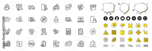 Set of Currency, Pay money and Cyber attack line icons for web app. Design elements, Social media icons. Checklist, Free delivery, Accounting icons. Bitcoin, Bill accounting, Discount signs. Vector