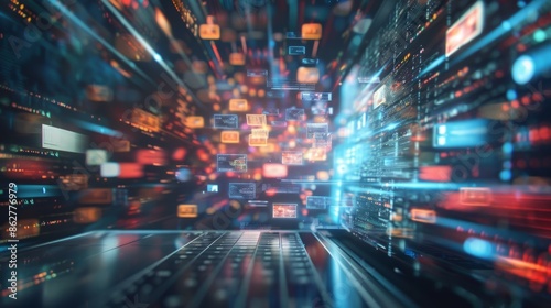 Futuristic data stream emanating from a laptop with several open windows