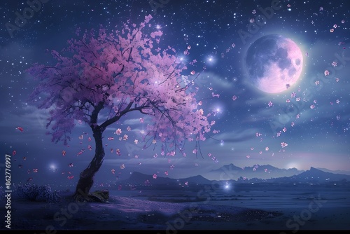 pink cherry blossom tree at night with moon and stars © Julaini