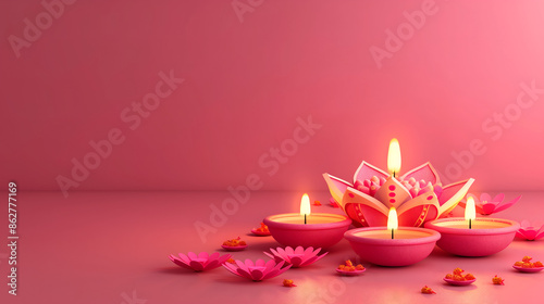 Oil lamps with flowers decoration in Diwali festival. photo